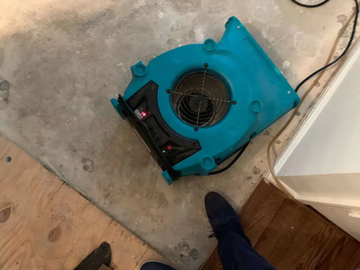Air mover drying subfloor during Leak Detection & Repair in Happy Valley
